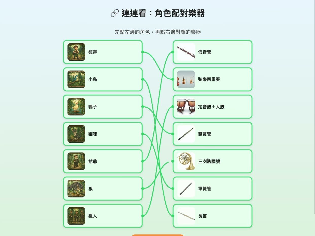 用 AI 打造一堂互動音樂課:《彼得與狼》平板遊戲開發全紀錄 連連看複習真實遊戲畫面